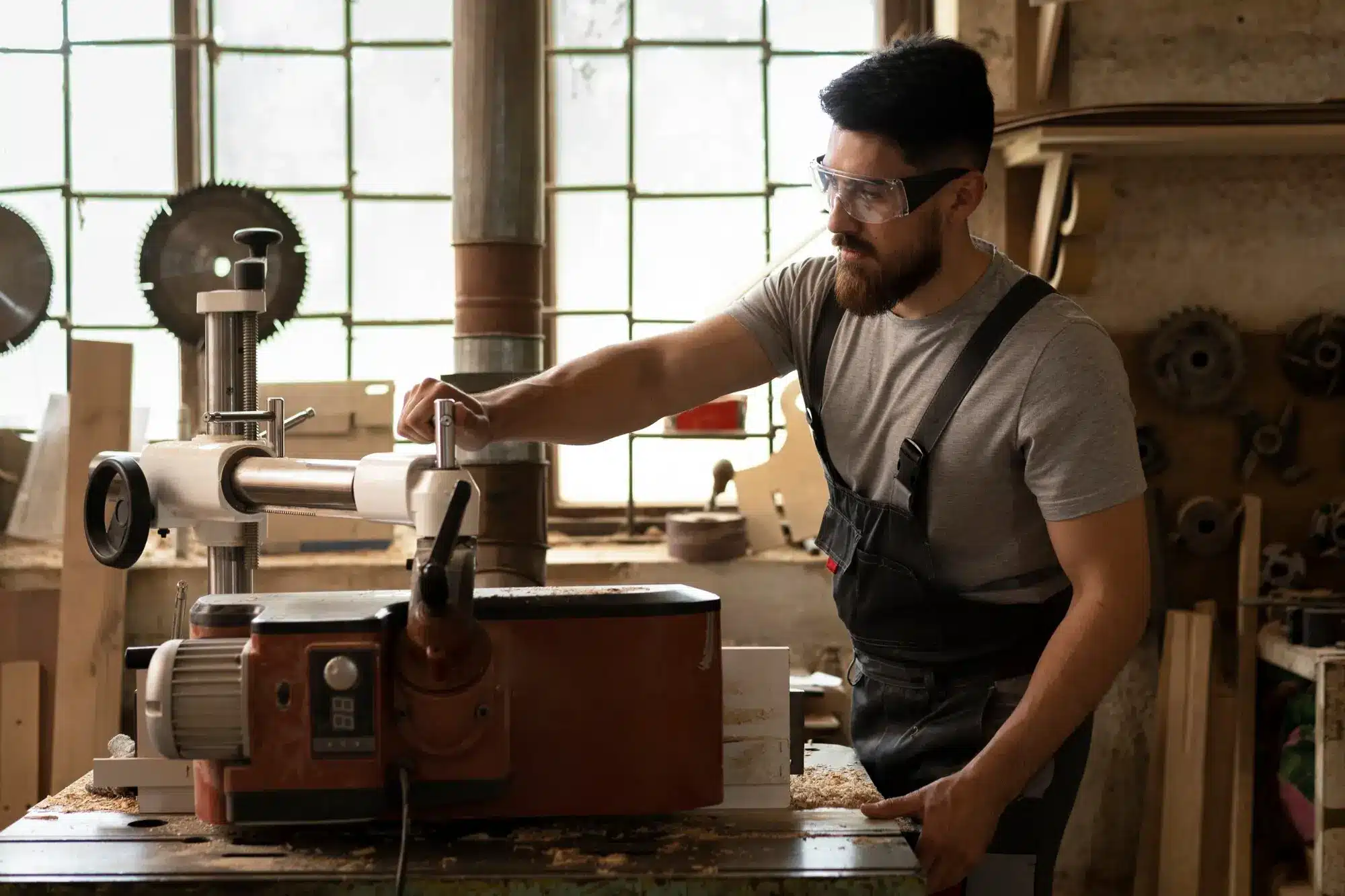 CNC operator using automated woodworking machinery compared with a sawmill operator processing lumber in a wood manufacturing facility